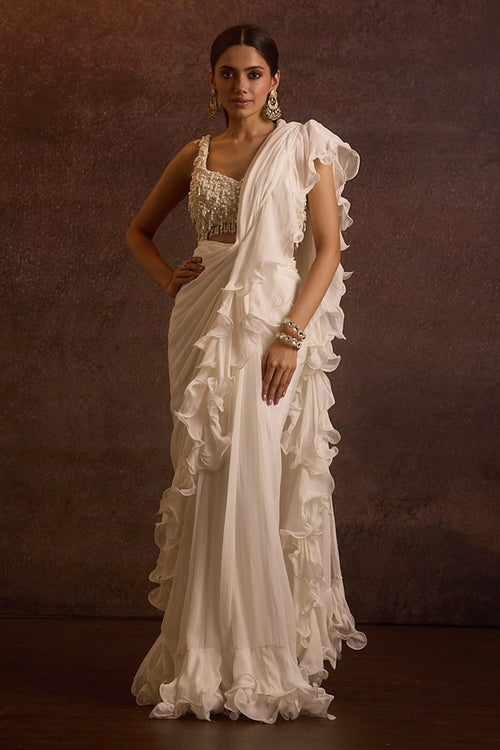 Umika Ivory Pearl Blouse With Ruffle Saree