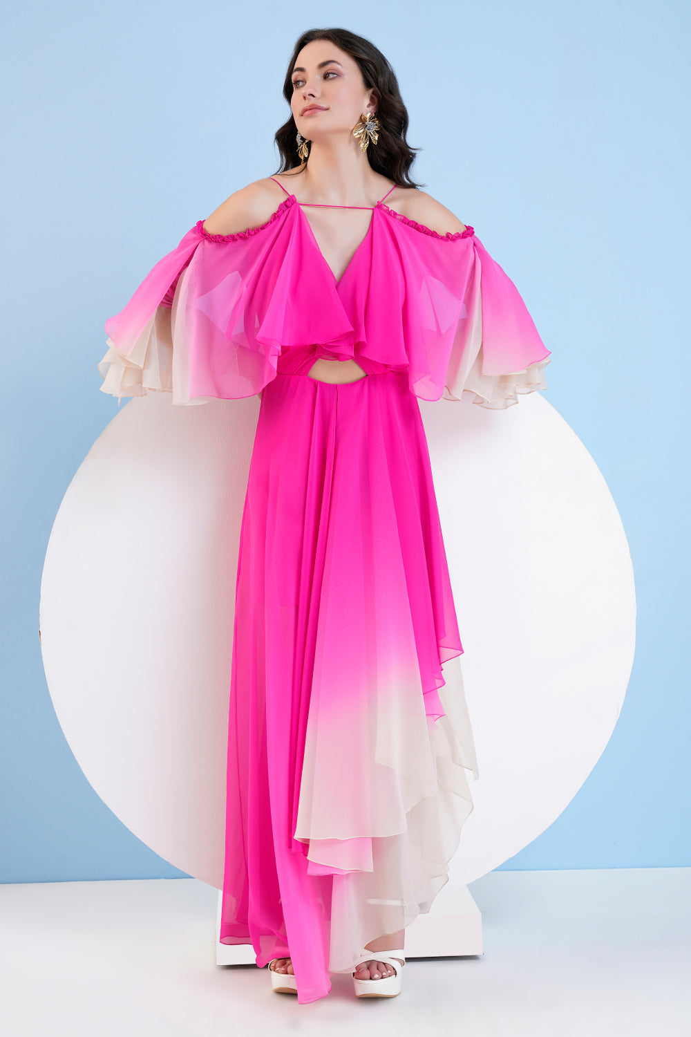 Pink Ombre High Low Dress With Shoulder Cutout And Flared Sleeve