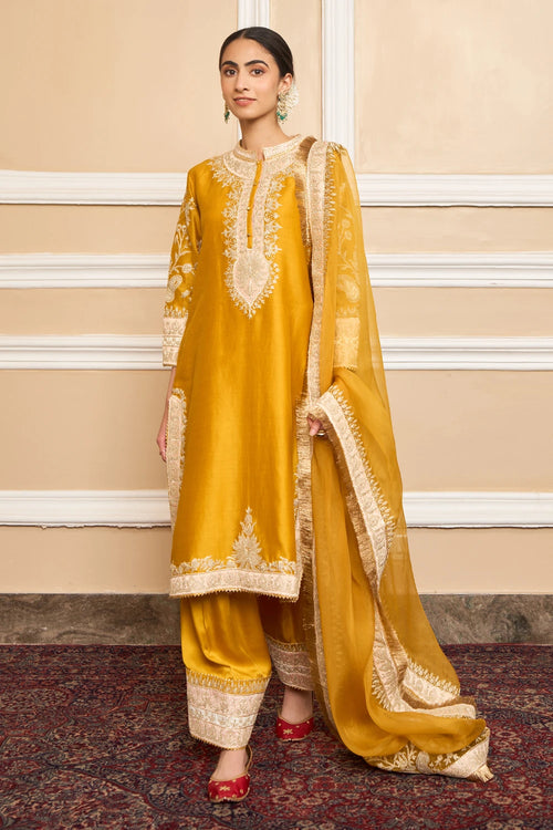 Resham Glaze Mustard Straight Kurta with Salwar and Dupatta