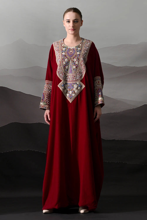Maroon Kaftan With Handworked Motifs