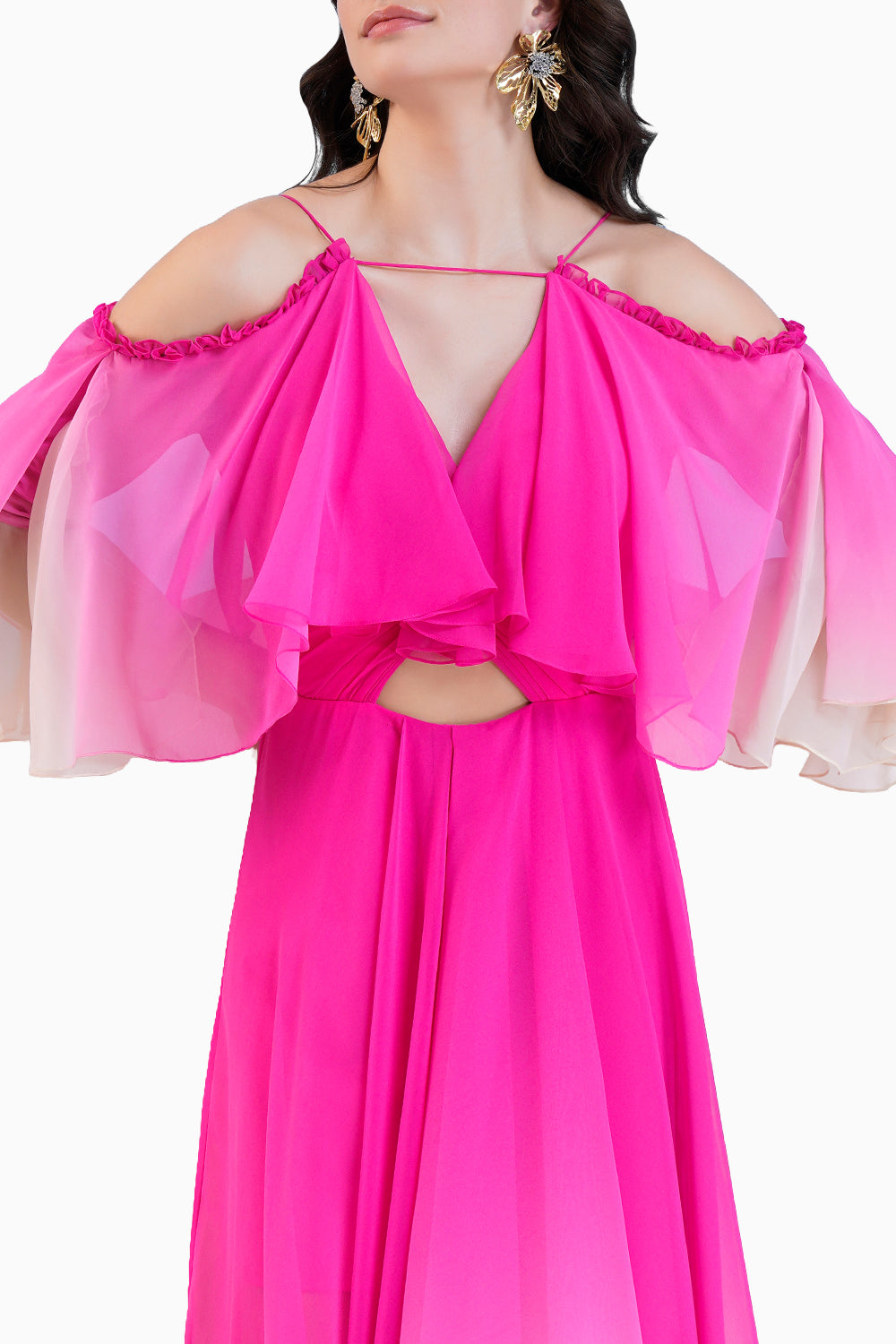 Pink Ombre High Low Dress With Shoulder Cutout And Flared Sleeve