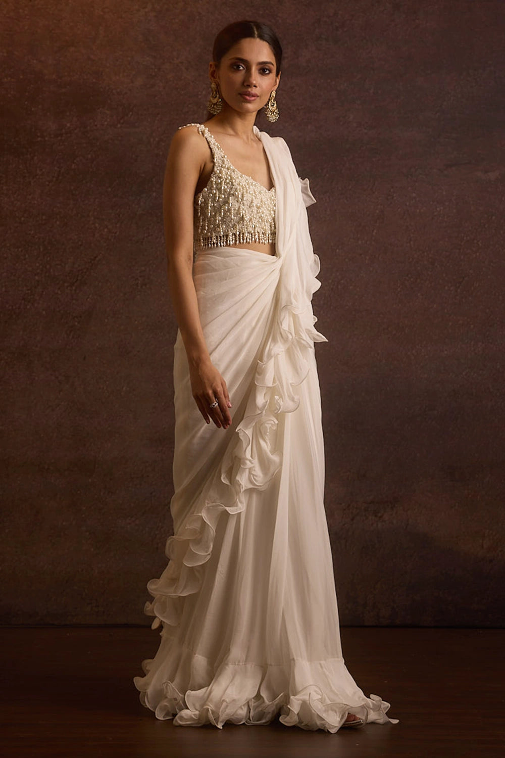 Umika Ivory Pearl Blouse With Ruffle Saree