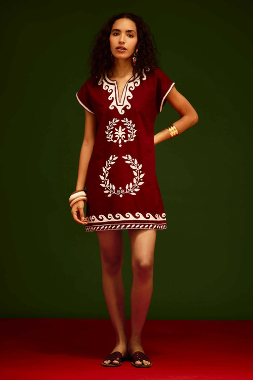 Burgundy Wine Cotton Shift Dress with Thread Embroidery