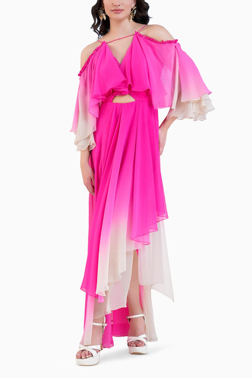 Pink Ombre High Low Dress With Shoulder Cutout And Flared Sleeve