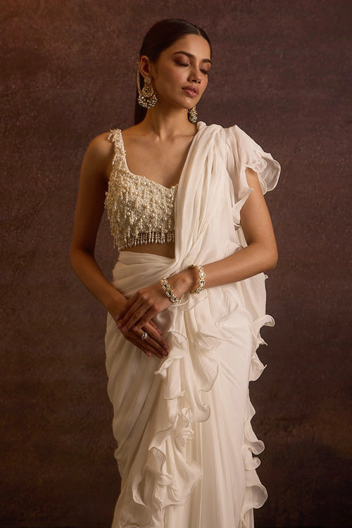Umika Ivory Pearl Blouse With Ruffle Saree