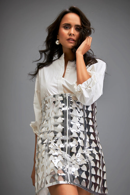Silver Metallic Cutout Skirt Set