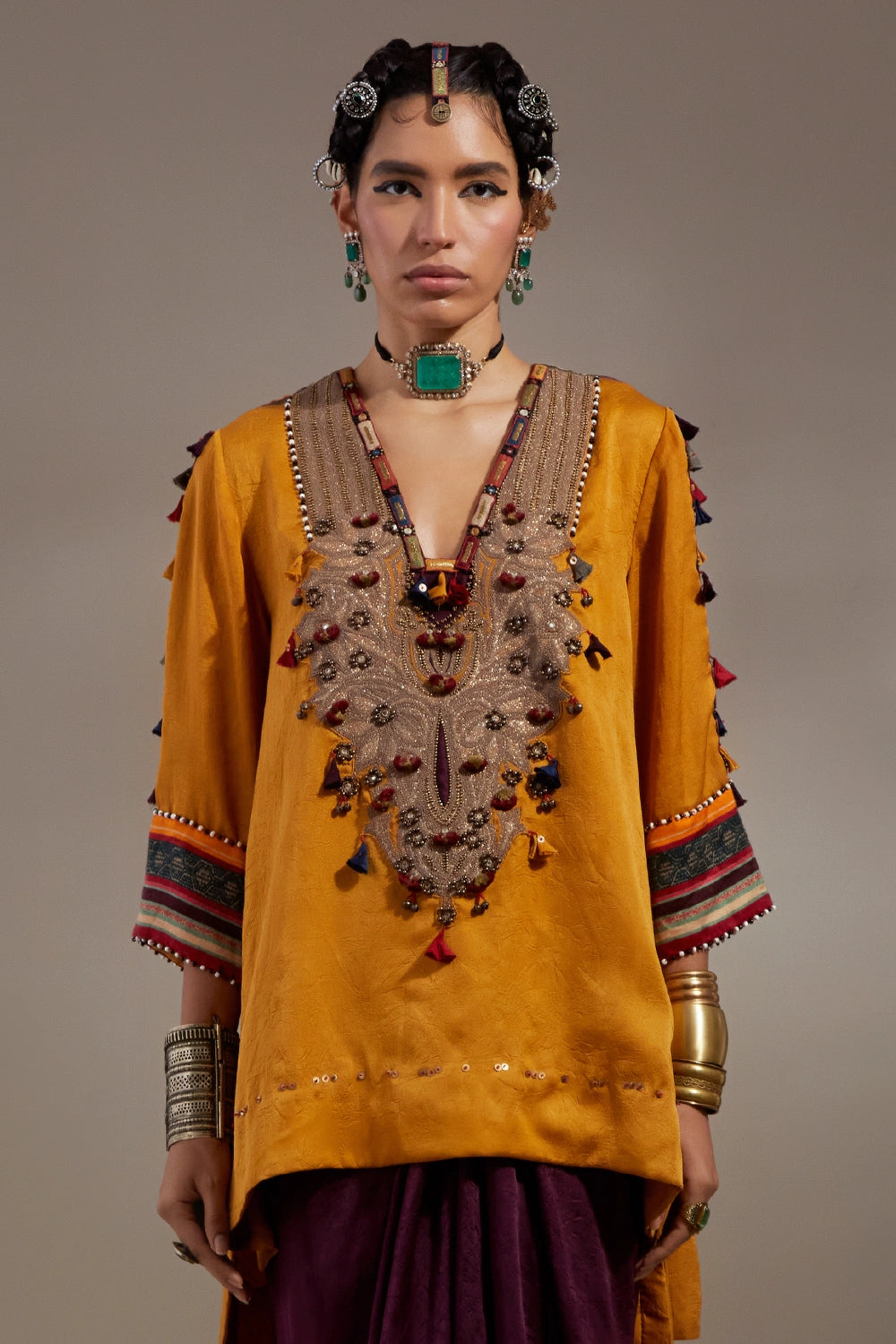 Yellow Topaz Jamuni Anka Mitra Short Kurta With Drape Skirt