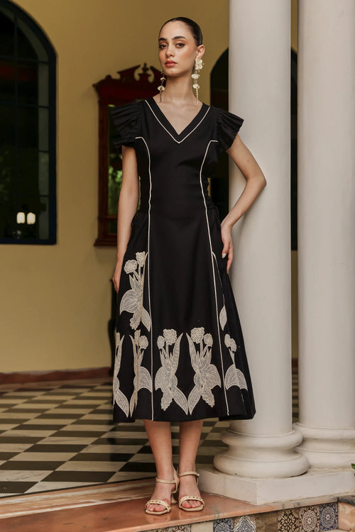 The Bouquet Black Midi Dress