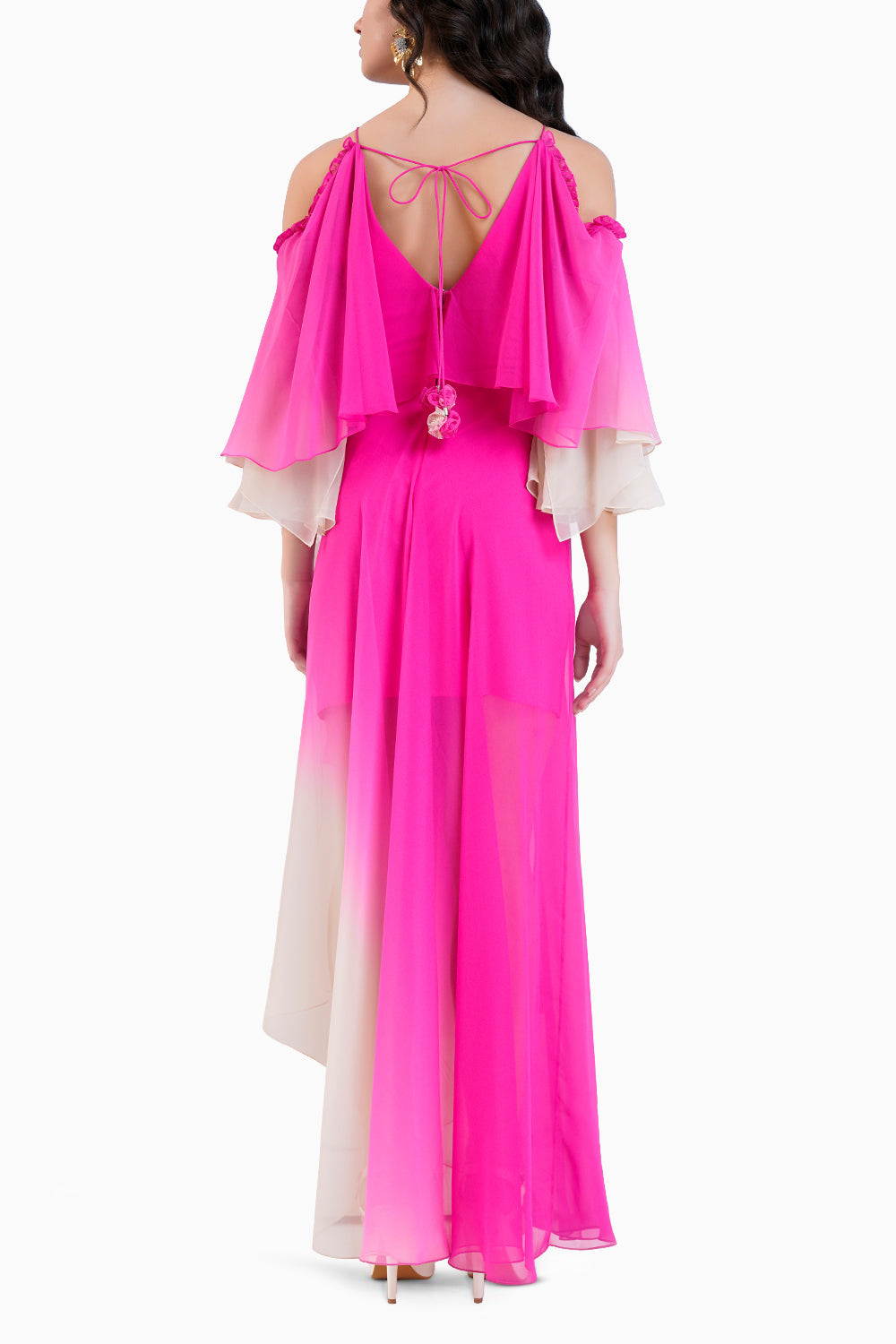 Pink Ombre High Low Dress With Shoulder Cutout And Flared Sleeve