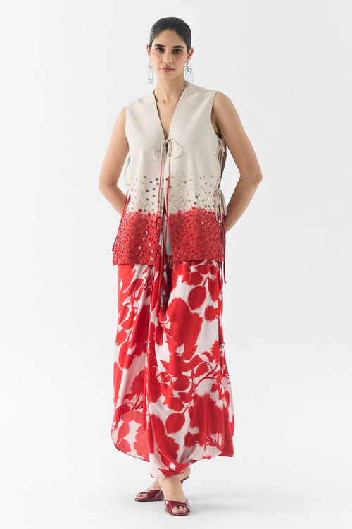 Red Ink Vest And Dhoti Pants Set