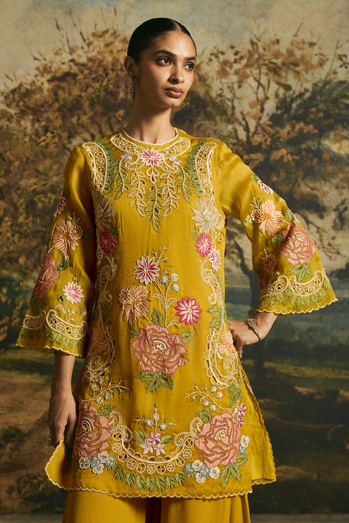 Amber Yellow Floral Medley Short Kurta With Sharara