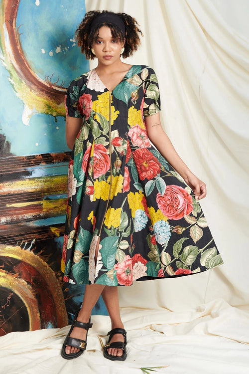 Black Big Rose Zipper Dress
