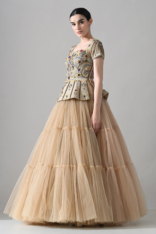 Beige Embroidered Pleated Peplum Top And Skirt Set