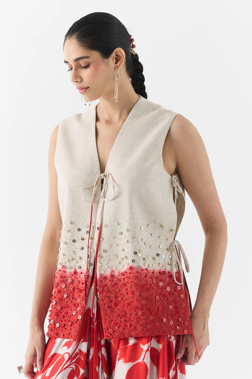 Red Ink Vest And Dhoti Pants Set