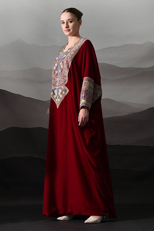 Maroon Kaftan With Handworked Motifs