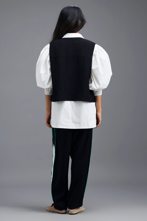 Black Panelled Vest with Puff-Sleeve Shirt and Contrast Stripe Trousers