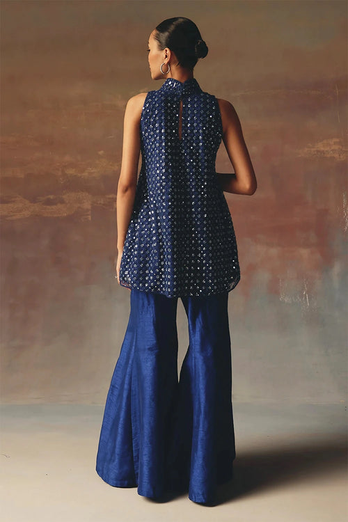 Blue Short Hi Neck A Line Top with Dupian Bellbottoms