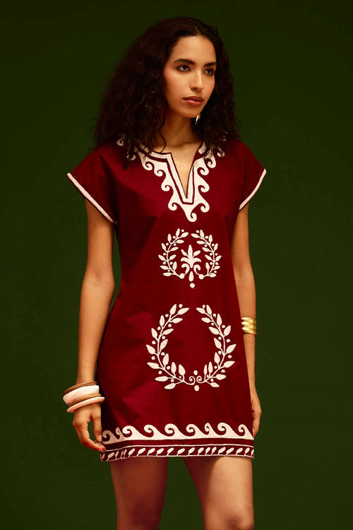 Burgundy Wine Cotton Shift Dress with Thread Embroidery