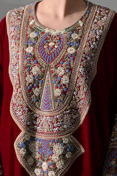 Maroon Kaftan With Handworked Motifs