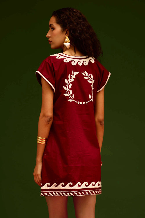 Burgundy Wine Cotton Shift Dress with Thread Embroidery