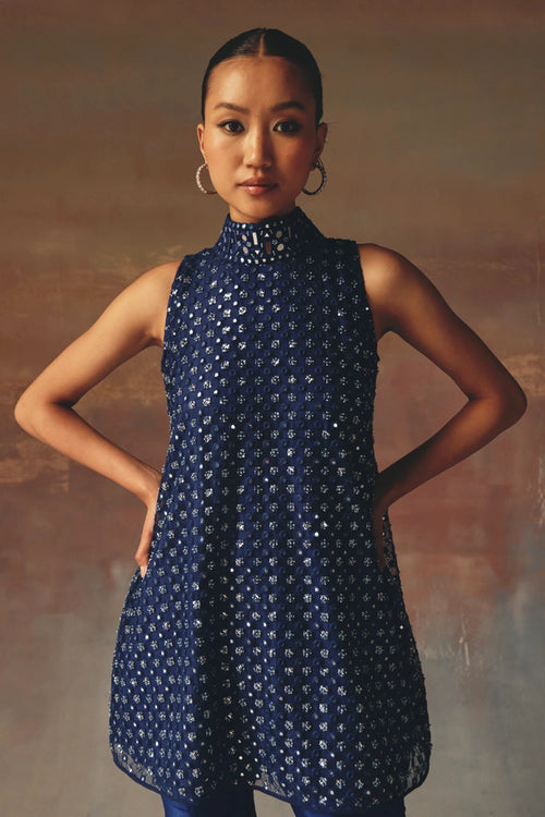 Blue Short Hi Neck A Line Top with Dupian Bellbottoms