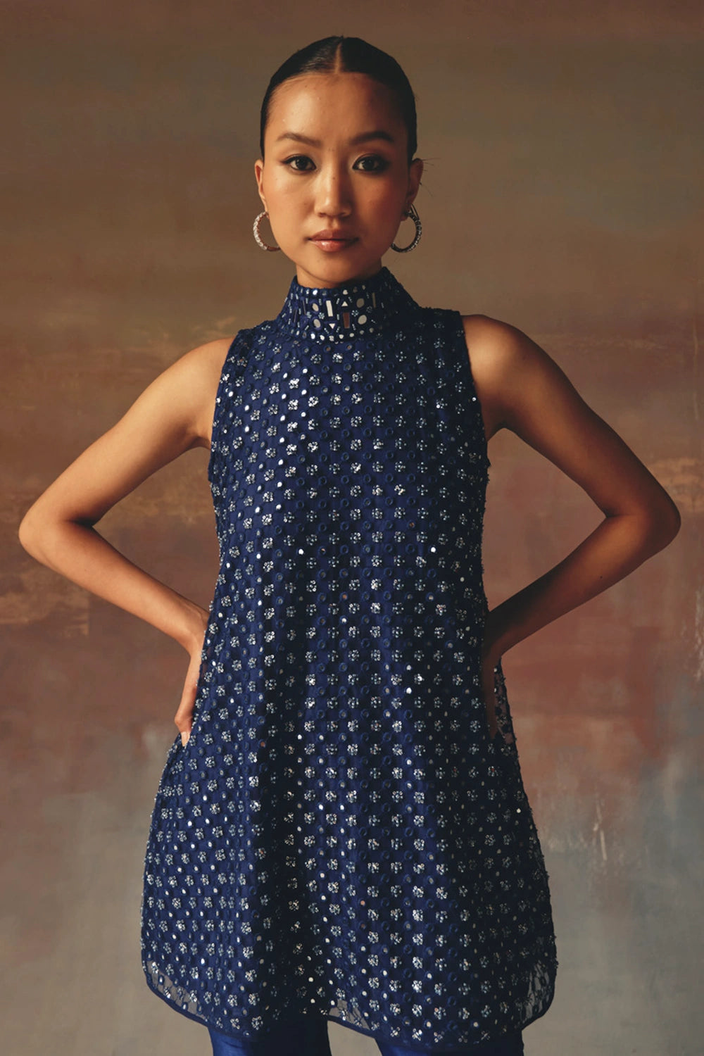Blue Short Hi Neck A Line Top