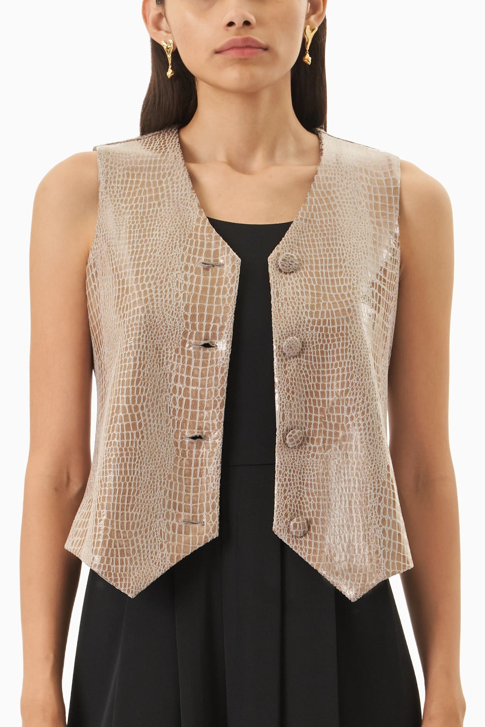 Black Crepe Jumpsuit with Leatherite Waist Coat