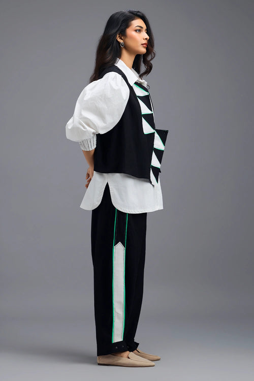 Black Panelled Vest with Puff-Sleeve Shirt and Contrast Stripe Trousers