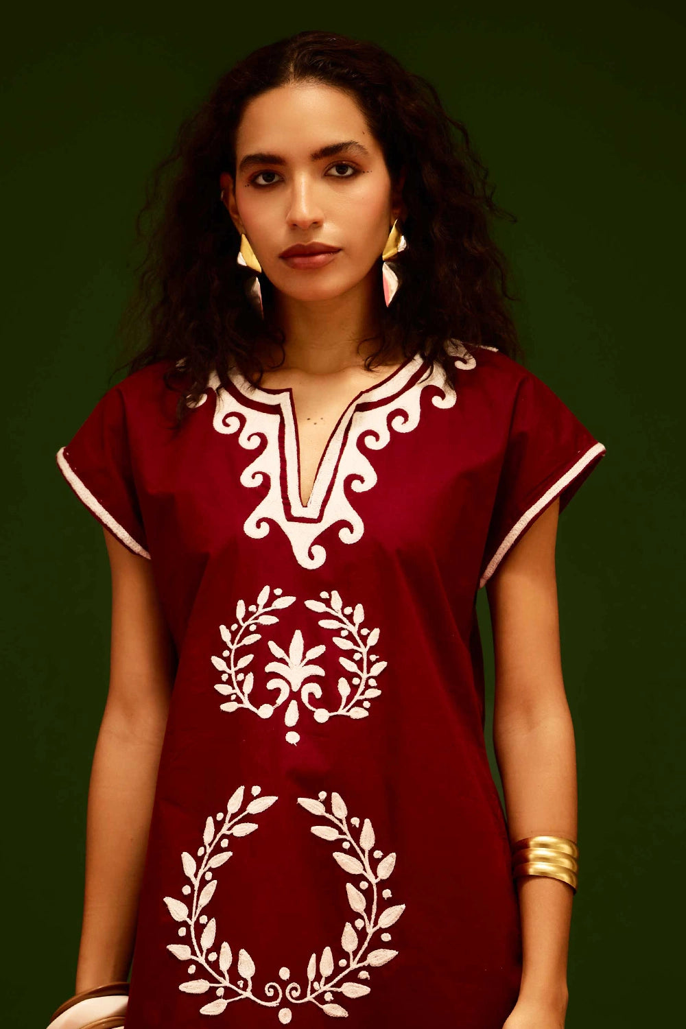 Burgundy Wine Cotton Shift Dress with Thread Embroidery