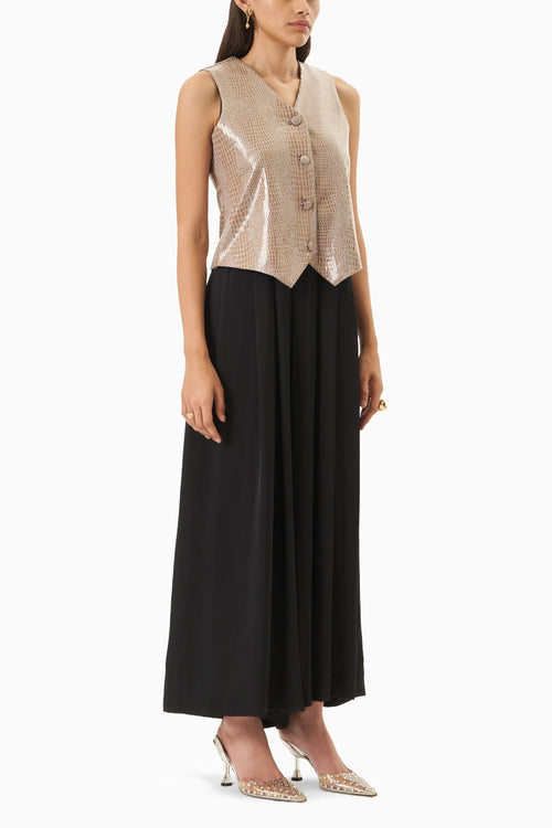 Black Crepe Jumpsuit with Leatherite Waist Coat