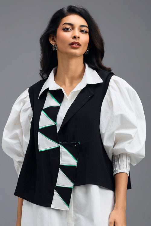 Black Panelled Vest with Puff-Sleeve Shirt and Contrast Stripe Trousers