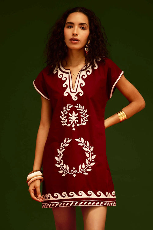 Burgundy Wine Cotton Shift Dress with Thread Embroidery