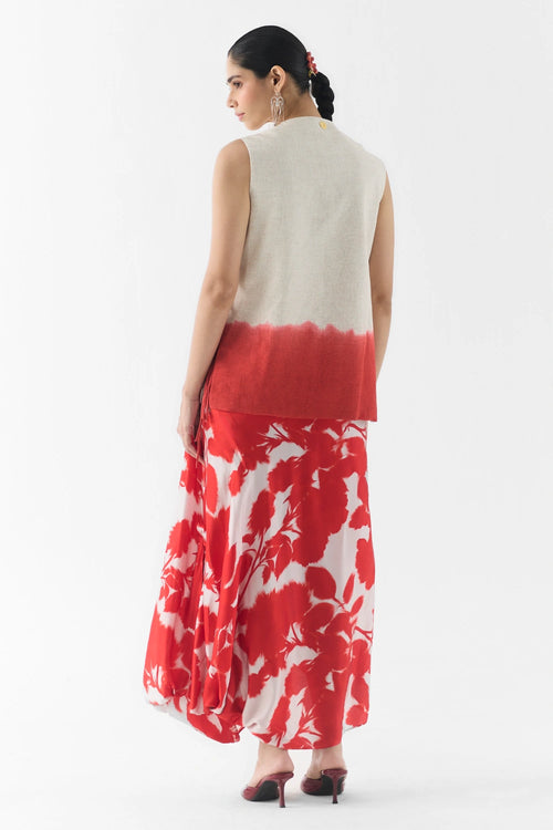 Red Ink Vest And Dhoti Pants Set