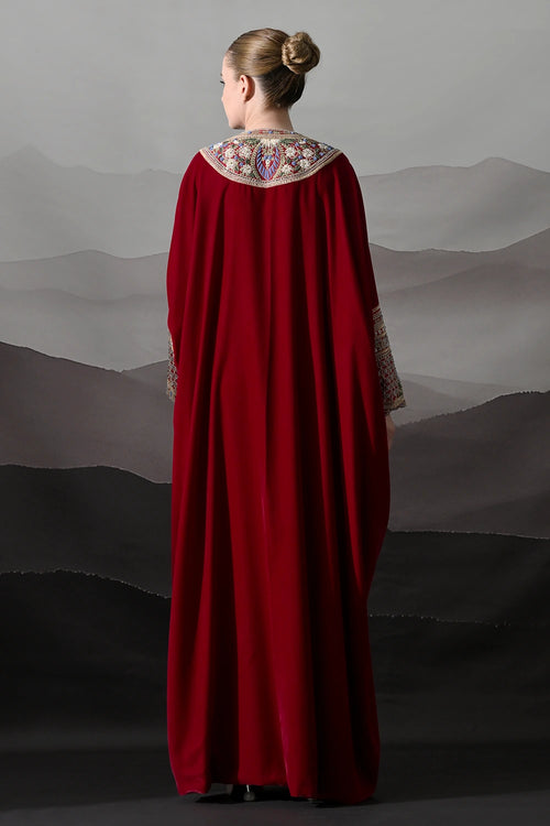 Maroon Kaftan With Handworked Motifs