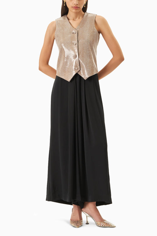 Black Crepe Jumpsuit with Leatherite Waist Coat