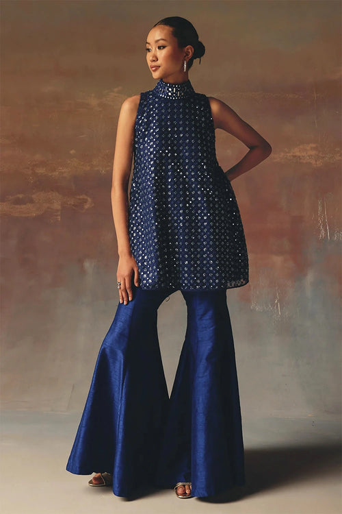 Blue Short Hi Neck A Line Top with Dupian Bellbottoms