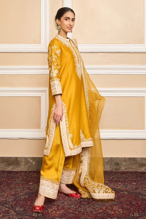 Resham Glaze Mustard Straight Kurta with Salwar and Dupatta
