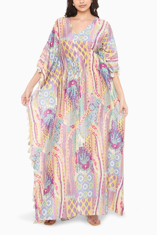 Lime Afican Print Silkmul Kaftan with Tassels
