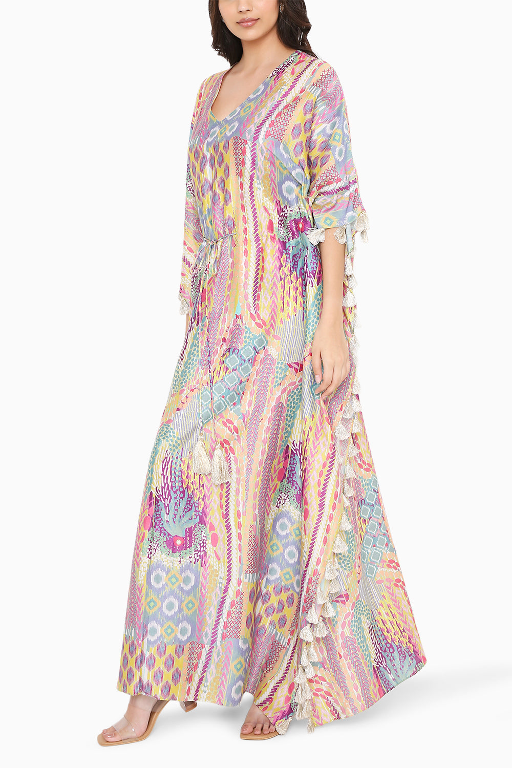 Lime Afican Print Silkmul Kaftan with Tassels