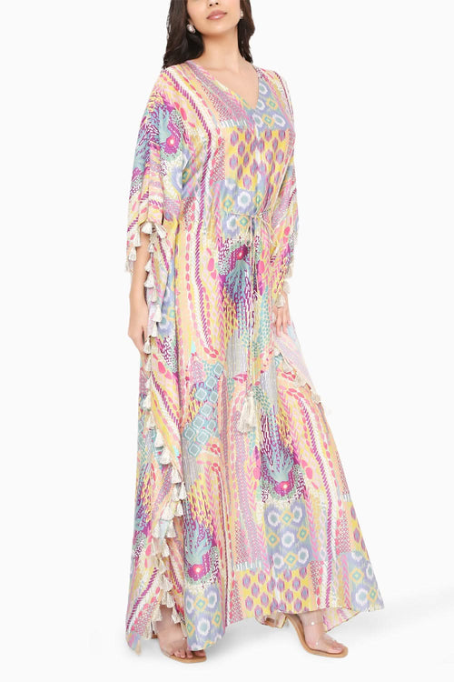 Lime Afican Print Silkmul Kaftan with Tassels