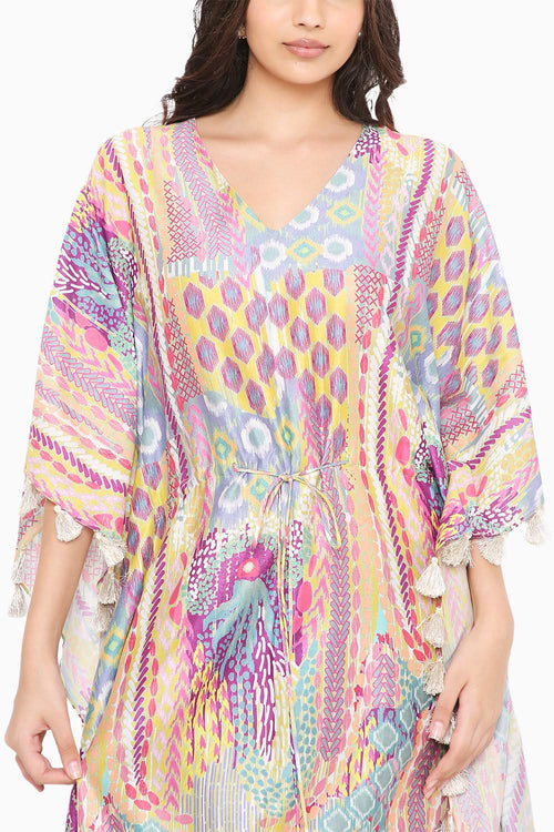 Lime Afican Print Silkmul Kaftan with Tassels