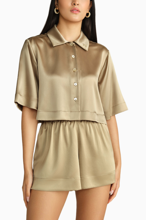 Olive Silk Cropped Bowling Shirt