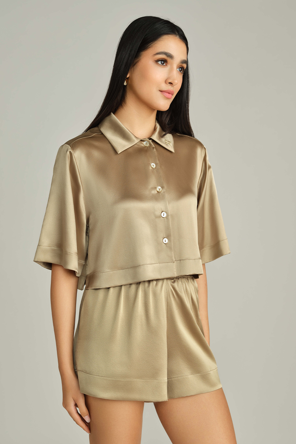 Olive Silk Cropped Bowling Shirt