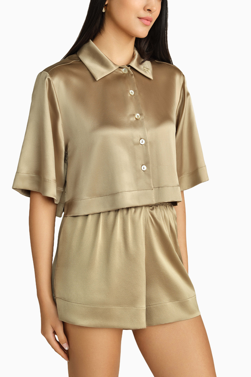 Olive Silk Cropped Bowling Shirt