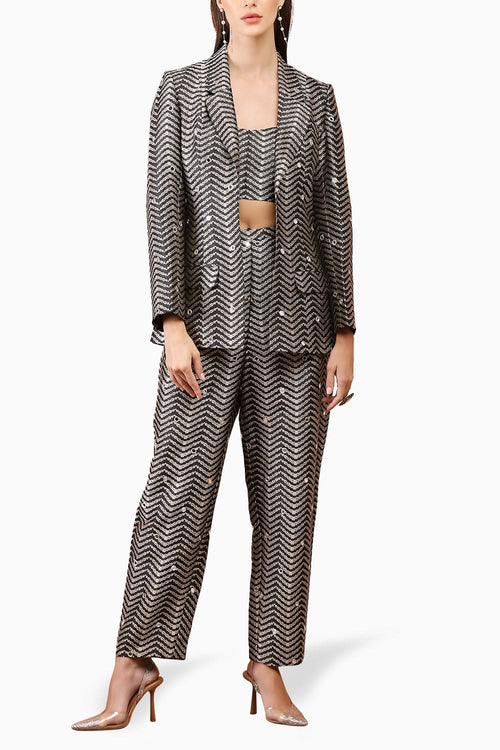 Black Embroidered Blazer with Bustier and Pant