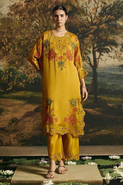 Amber Yellow Blossom Kimono Kurta With Pants