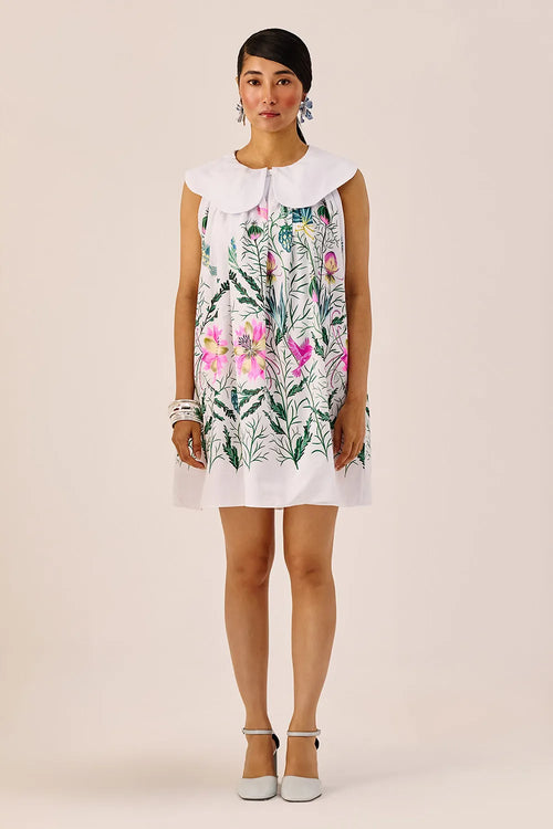 White Printed Peter Pan Collar Mini Dress