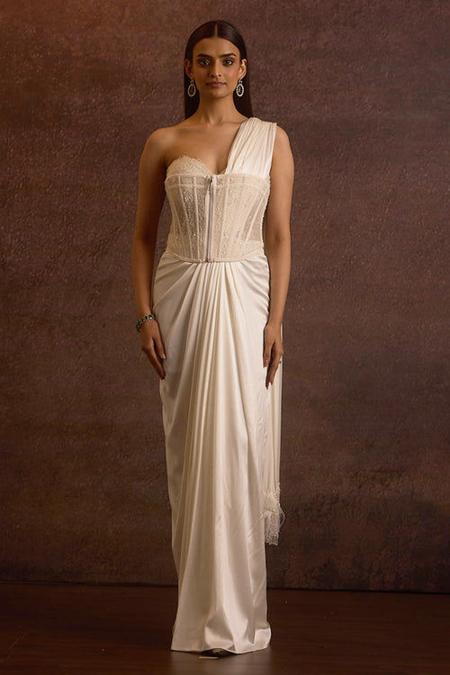Sohvi Ivory Bustier Blouse With Corset Belt And Drape Slit Saree