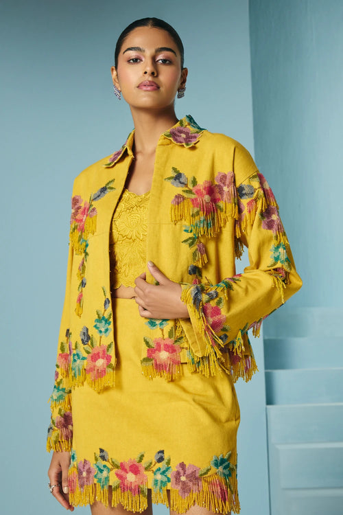 Mustard Floral Beaded Fringe Short Jacket With Bustier And Skirt