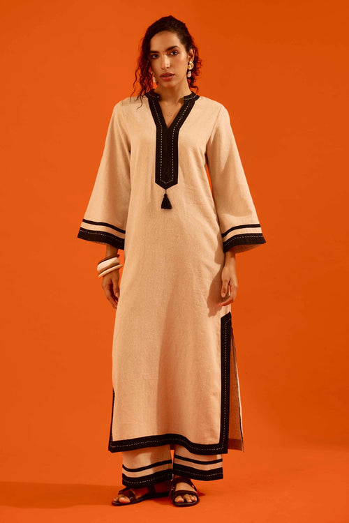 Natural Jute Tunic Set with Black Thread Embroidery